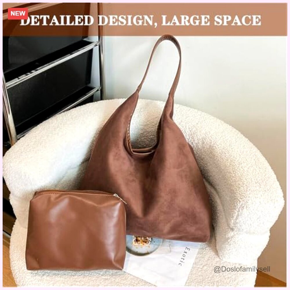 Suede Tote Bag Slouchy Shoulder Hobo Purse Minimal Chic Everyday - Picture 3 of 7